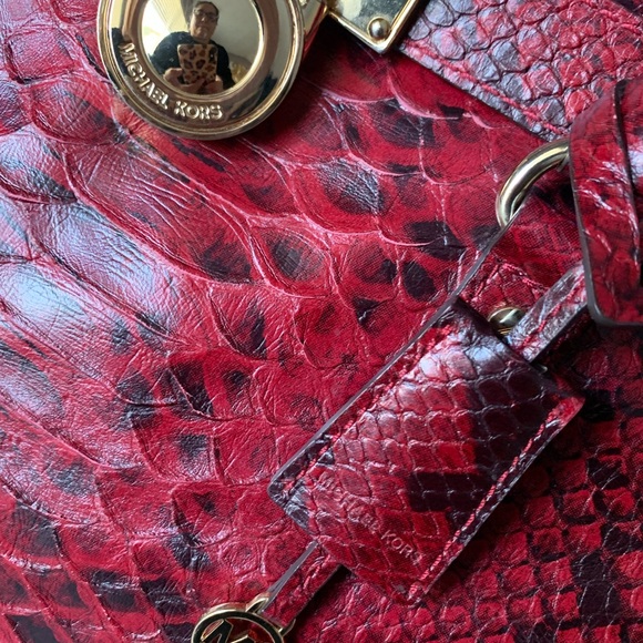 Michael Kors Red Leather Hamilton Tote Bag Large Exotic Python Purse - Picture 11 of 16